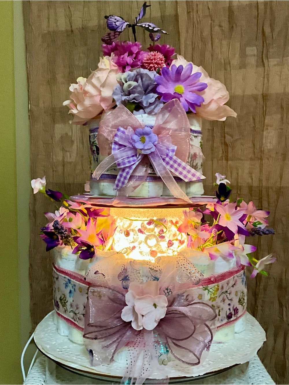 Pink and Purple Floral LED DIAPER CAKE Centerpiece with Decorative Bows